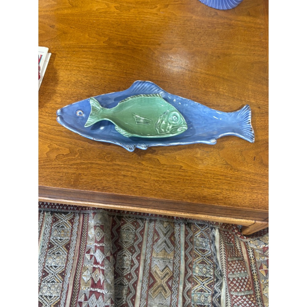 Distressed Ceramic Fish Serving Set Blue Platter and Green Bowl Nautical Decor